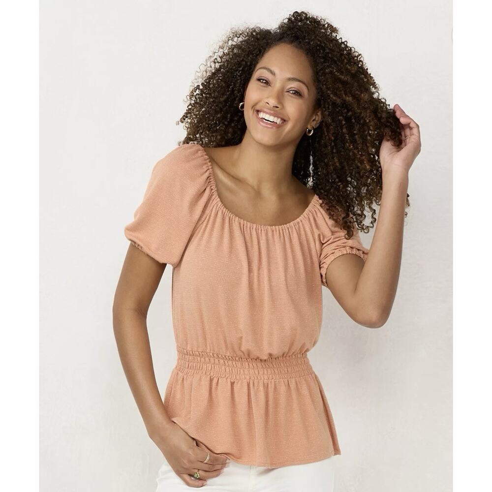 Lauren Conrad Orange Shimmer Scoop Neck Smocked Blouse Top Short Sleeve Size M